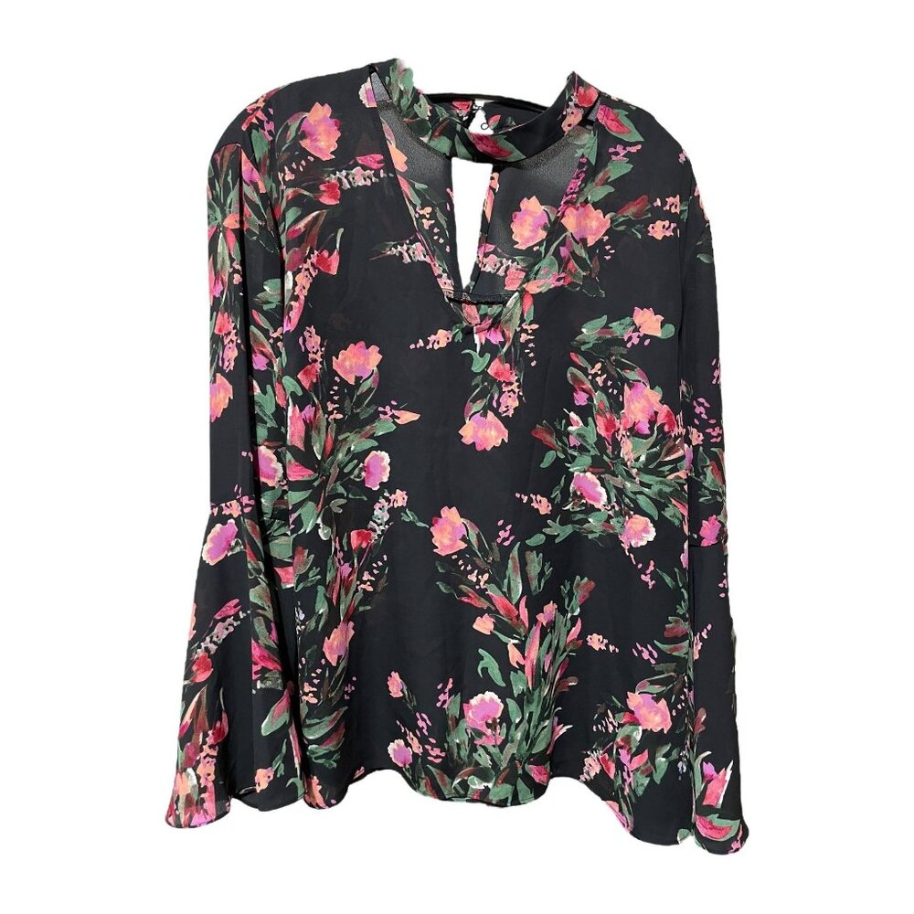 Eva Mendes Black Pink Green Floral Print 3/4 length sleeves v Neck Shirt